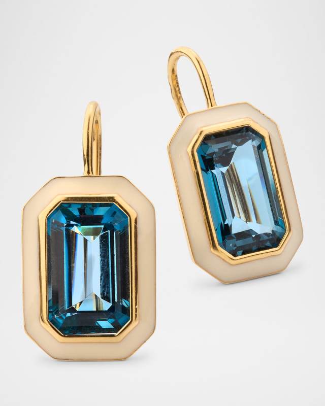 18K Yellow Gold London Blue Topaz Emerald Cut Earrings with White Enamel